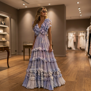 Vestido de Verano Romántico sin Mangas con Cuello en V, Gasa Arrugada, Largo hasta el Suelo, con Volantes y Cintura Imperio para Mujer, Precio al por Mayor - Product Image 1