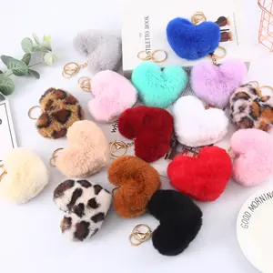 New Fashion Artificial Rabbit Fur Heart Shape Ball key Chain Pom Pom Leopard Pink Fur Ball Love Heart Keychain For Bag