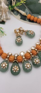Neelmani Jewels Ethnic Bridal Wedding Statement Set Features Handcrafted Polki Diamonds Orange Flower-Shaped Beads Green - Product Image 5