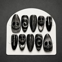 Faux Ongles en Gros pour Halloween, Style Français, Effet Œil de Chat, en ABS, Motif Crâne, Forme Amande, 3D Brillant, Réutilisables, Pointes d'Ongles Moyennes