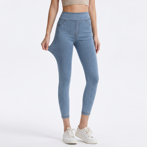 Leggings de Mezclilla de Cintura Alta con Bolsillos, Largo Recortado, Elásticos, de Algodón y Spandex, Color Sólido Básico para Mujer, Ropa Casual - Product Image 1