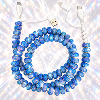 Kabel Charger HP 4 in 1 Biru Berhias Rhinestone, USB Type C, Kabel Multi Charging Berkilau Kristal, Kabel Transfer Data