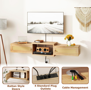 Mobile <span class=keywords><strong>TV</strong></span> Sospeso in Rattan con Vano Portaoggetti e Prese Elettriche, Console Multimediale per <span class=keywords><strong>TV</strong></span> da 55 Pollici, Soggiorno e Camera da Letto - Product Image 4
