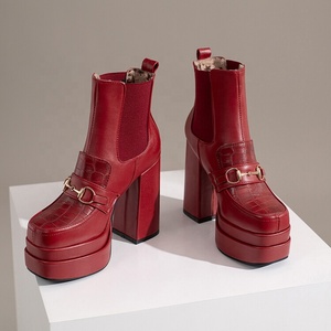 on Women's Big US Size 15 Short Ankle <b>Boots</b> Metal Ornaments Chunky Heels Shoes Stretch Top Wide Feet Pumps for Ladies - Product Image 4