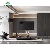 Hall desain modern mewah besar hitam gantung televisi berdiri dengan panel belakang