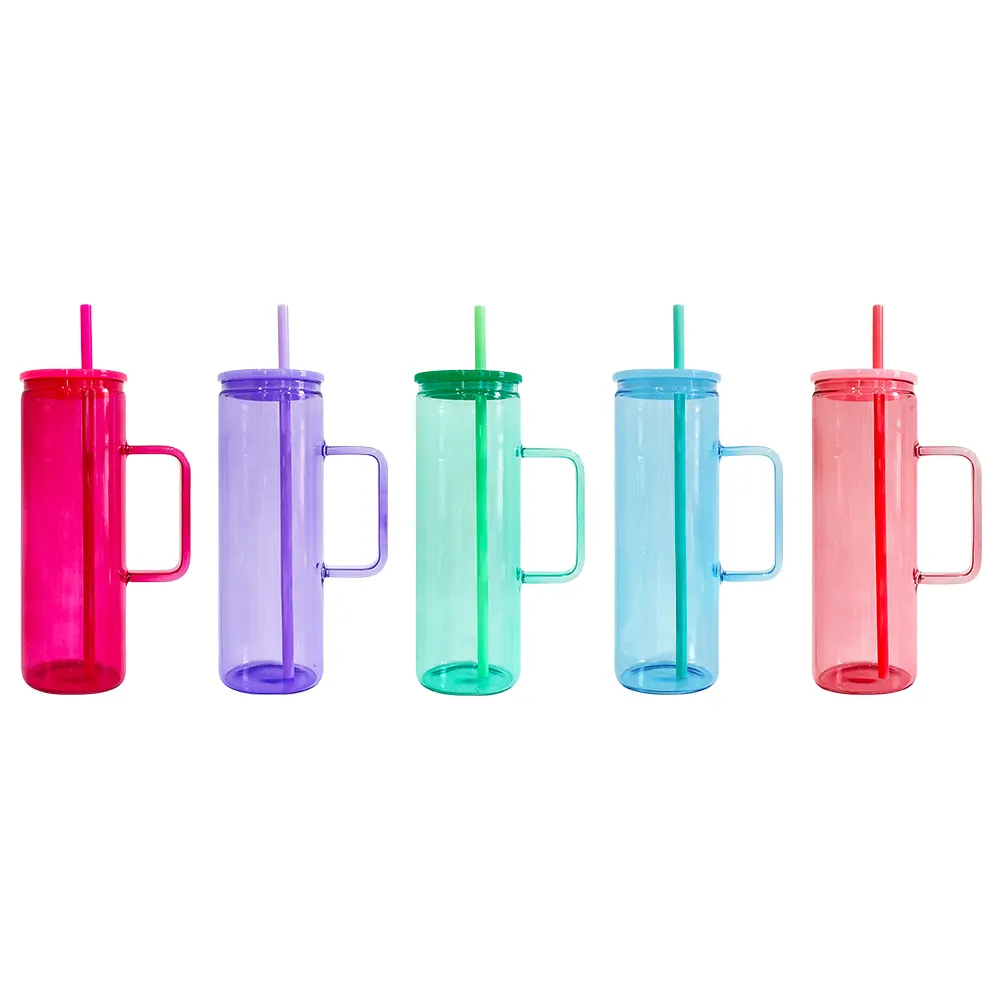 Высококачественное боросиликатное стекло 20 унций желе цвет прямые кружки для напитков стакан с пластиковой крышкой и трубочкой и ручкой для сублимации