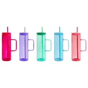 High Borosilicate glass 20oz jelly color straight beverage mugs tumbler with plastic pp lid and straw and handle for sublimation