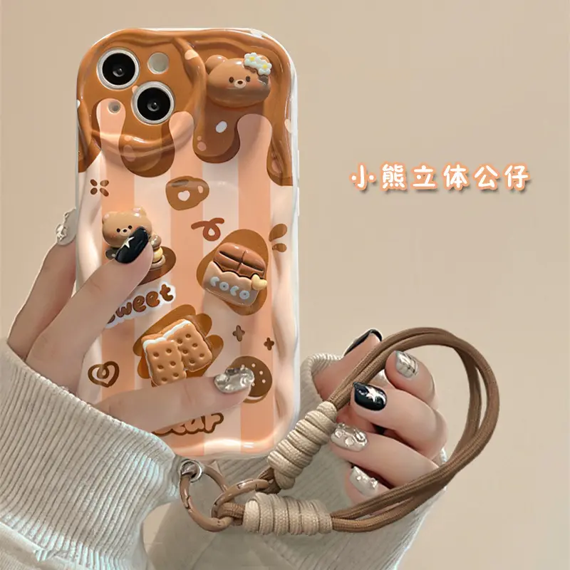 Süße Schokoladenschweinespuppe mit Kaffee Handgelenk Schnüre TPU Telefonhülle für Iphone 6 7 8 Plus X Xr XS 11 12 13 14 15 Pro Max