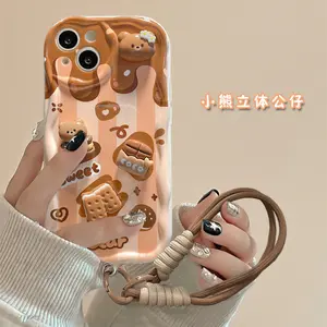 Casing penutup ponsel boneka beruang coklat manis, dengan tali penyandang kopi TPU untuk Iphone 6 7 8 Plus X Xr XS 11 12 13 14 15 Pro Max