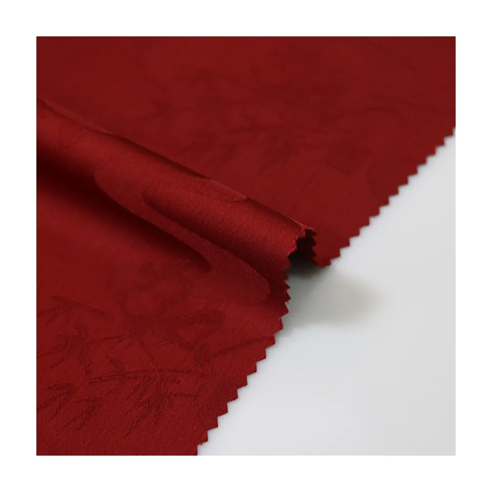 ผ้าแจ็คการ์ดโพลีเอสเตอร์สแปนเด็กซ์ลายใบไผ่สีแดงคลาสสิกดีไซน์สไตล์จีนคลาสสิกสำหรับเสื้อผ้า