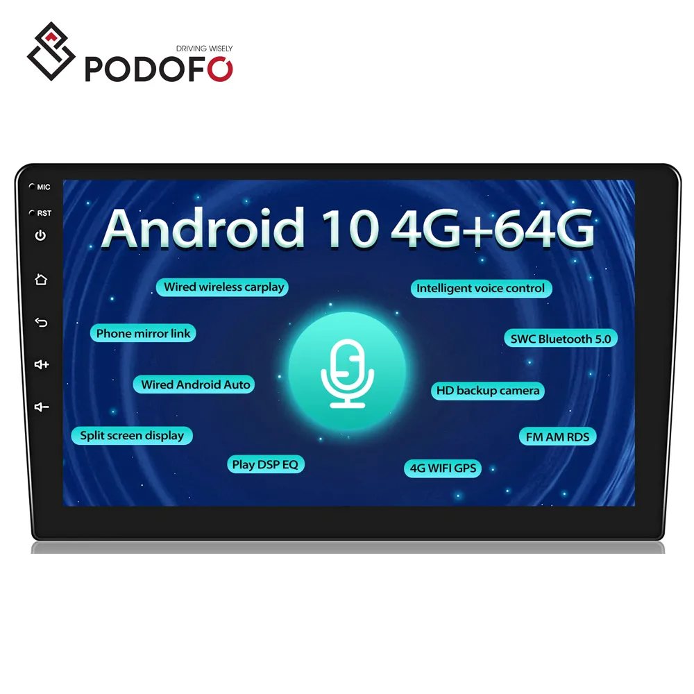 Podofo 9 "4 64G 8-Core Android 10.0 2 Din autoradio Carplay Android Auto IPS 2.5D schermo voce intelligente GPS WIFI 4G DSP RDS