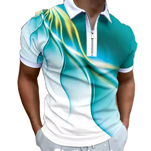 Pull tricoté décontracté d'été pour homme à manches courtes, respirant, brodé, tie-dye dégradé, imprimé 3D, avec fermeture éclair - Product Image 1