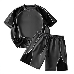 Ensemble de t-shirt et short sport pour homme, manches courtes, col rond, séchage rapide, noir uni, respirant, coton tricoté, 2 pièces - Product Image 1