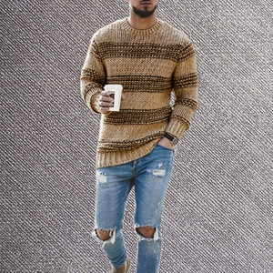 Pull rayé pour homme, coupe ajustée, col rond, manches longues, tricot, automne-hiver, mode jeune, style européen et américain - Product Image 2