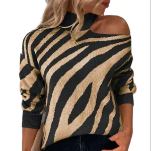 wholesales zebra one shoulder off Half a turtleneck women tops fashionable stripe knitted loose Women's Sweaters