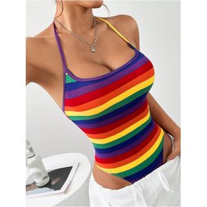 Body de mujer con rayas arcoíris, estilo halter, sin mangas, sin espalda, elástico, top Pride - Product Image 3