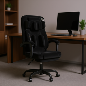 Chaise de bureau à dossier haut en cuir PU, fonction massage, accoudoirs réglables, base pivotante, pieds en métal chromé, design élégant - Product Image 2