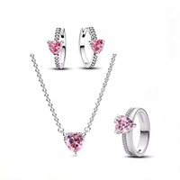 Nouvelle Collection : Parure de Bijoux Classique Rose avec Nœud, Cœur et Strass en Cristal – Collier, Boucles d'Oreilles, Bracelet et Bague Plaqué Argent – Cadeau de Fiançailles