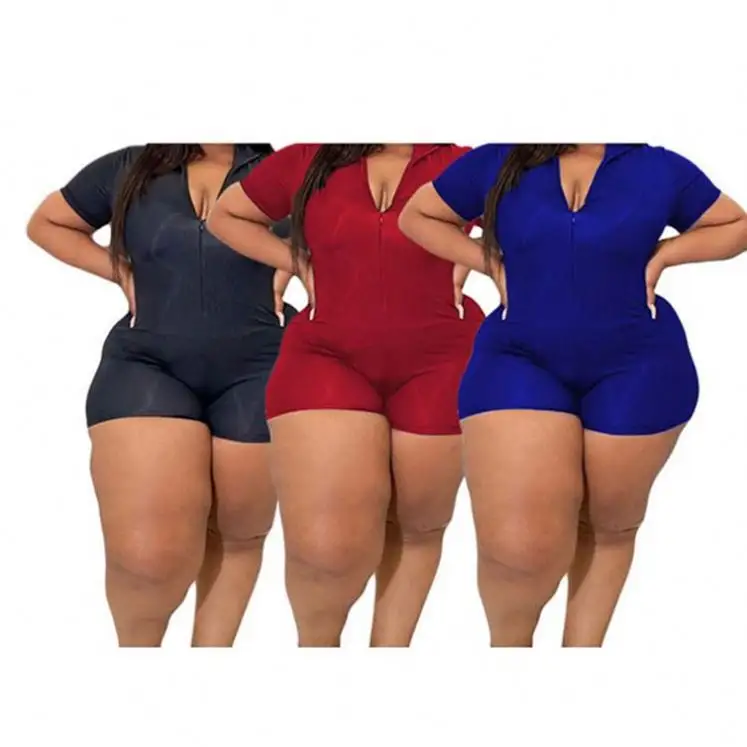 Plus size women clothing solid color zipper up jumpsuit one piece shorts rompers plus size jumpsuits for women