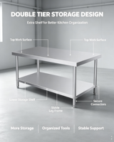Table de préparation industrielle en acier inoxydable à 2 niveaux avec étagère inférieure et pieds réglables pour hôtel, restauration, boulangerie, cuisine
