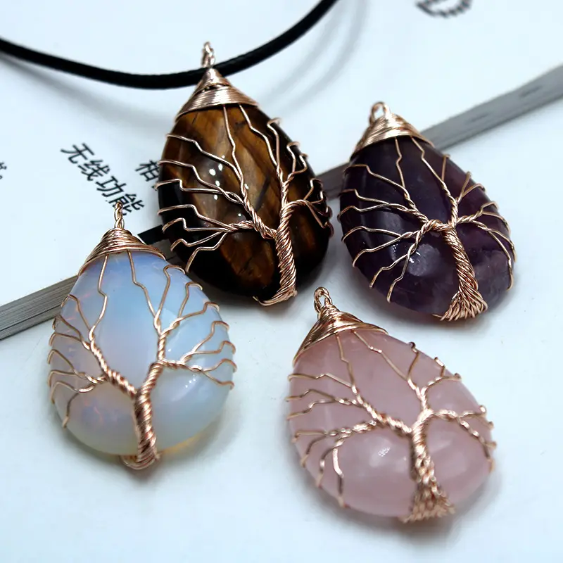 Unieke Natuursteen Life Tree Hanger Draad Gewikkeld Water Drop Stone Ketting Kleurrijke Edelsteen Handgemaakte Boom Van Het Leven Hanger