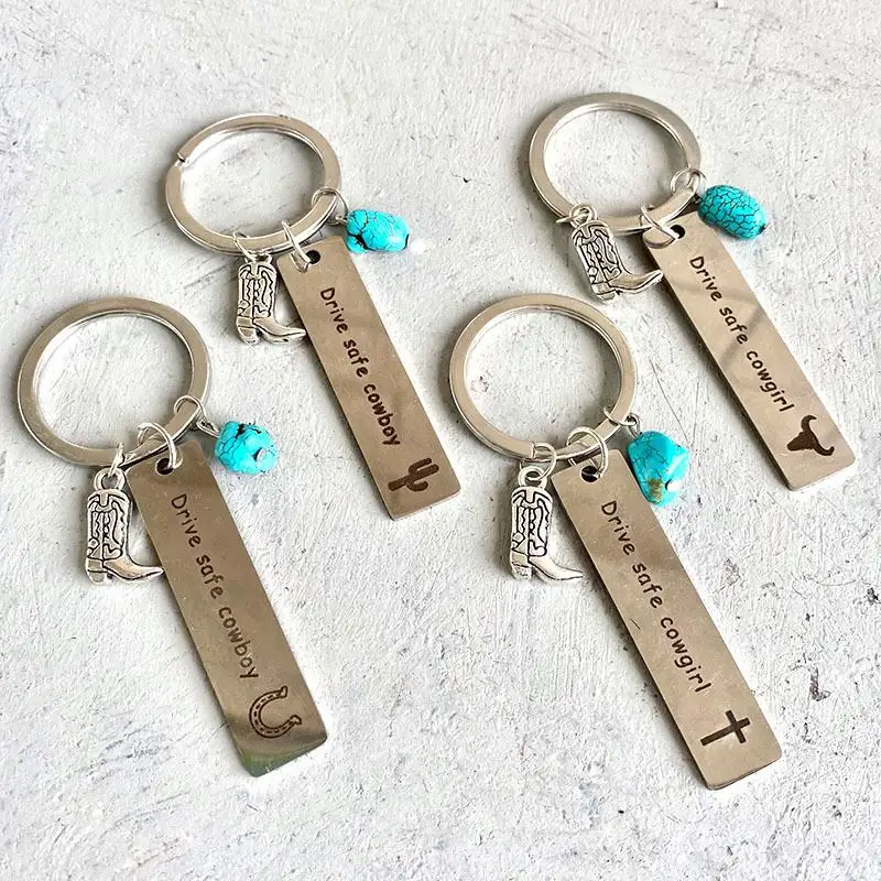 Western Cowboy Stainless Steel Keychain With Turquoise Boots Pendant Cross Cactus Horseshoe Bull Head Lettering Keyring