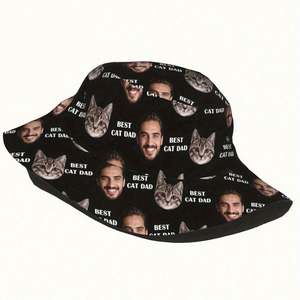 Sombrero de Pescador Personalizado con Foto y Cara Divertida, Diseño de Gato con Borde Ancho, Hoja Dibujada a Mano, Transpirable para Uso Diario en Todas las Estaciones - Product Image 1