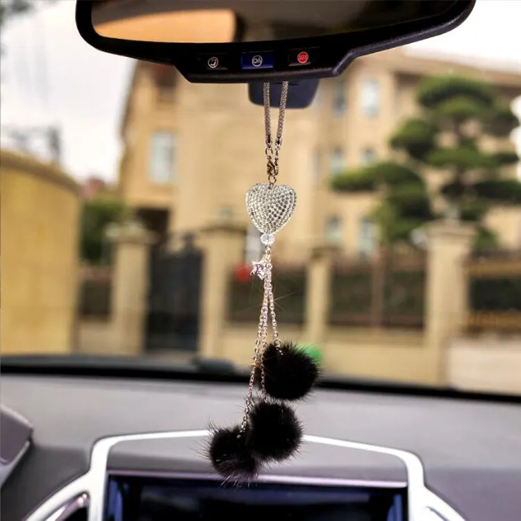 Car Mirror Accessories for Women and Men Car Rear View Mirror Lucky Hanging Car Ornament Plush Ball Window Crystal Pendant