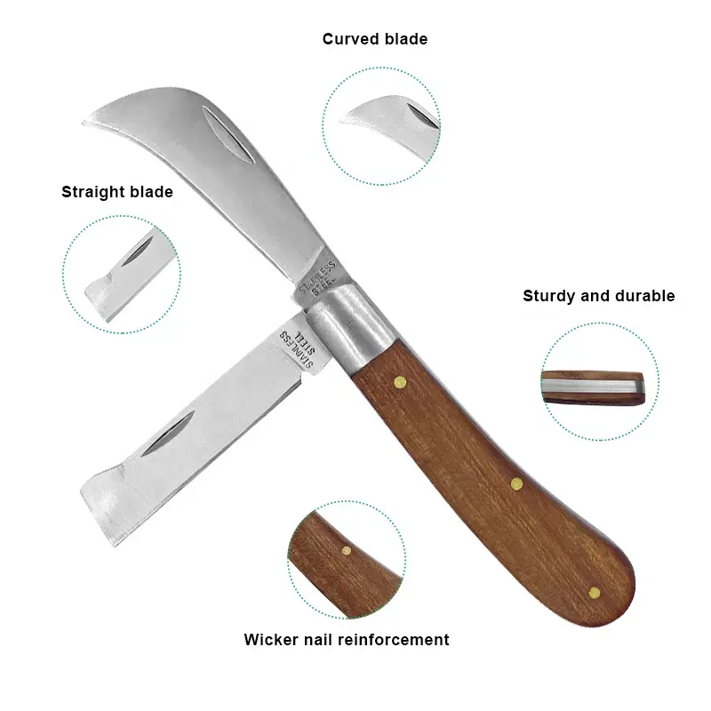 Fábrica de China, cuchillo de hongo de árbol frutal, herramienta de jardín, hoja de acero inoxidable, cuchillo en ciernes para injerto para granjero