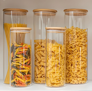 Frascos Apilables Herméticos de Vidrio Borosilicato Transparente con Tapa de Bambú para Almacenamiento de Pasta, <span class=keywords><strong>Espagueti</strong></span>, Penne, Farfalle en la Cocina - Product Image 1