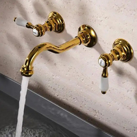 Vintage Antique Golden mural 3 trous double poignée mitigeur chaud et froid dissimulé salle de bain lavabo robinet