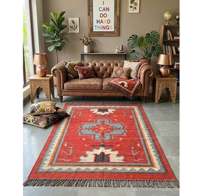 <b>Rustic</b> Red Geometric Area <b>Rug</b> | Handmade Wool Jute Tribal Boho Carpet for Farmhouse Bedroom Living Room Home Decor Accent - Product Image 1