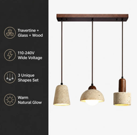 Suspension en travertin naturel, ensemble de 3 pièces avec barre de fixation en bois et abat-jour en forme de cloche et de cylindre pour îlot de cuisine et hôtel