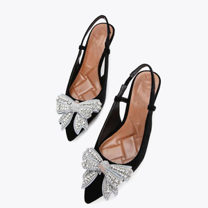 Women Mid Heels Stiletto Summer Pointed Toe Front Diamonds Bow Slingback Shoes Dress on Back Strap Velvet <b>Pumps</b> - Product Image 2