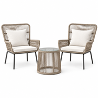Ensemble de conversation d'extérieur en corde tressée à la main, style bistrot, avec 2 fauteuils et table d'appoint avec plateau en verre