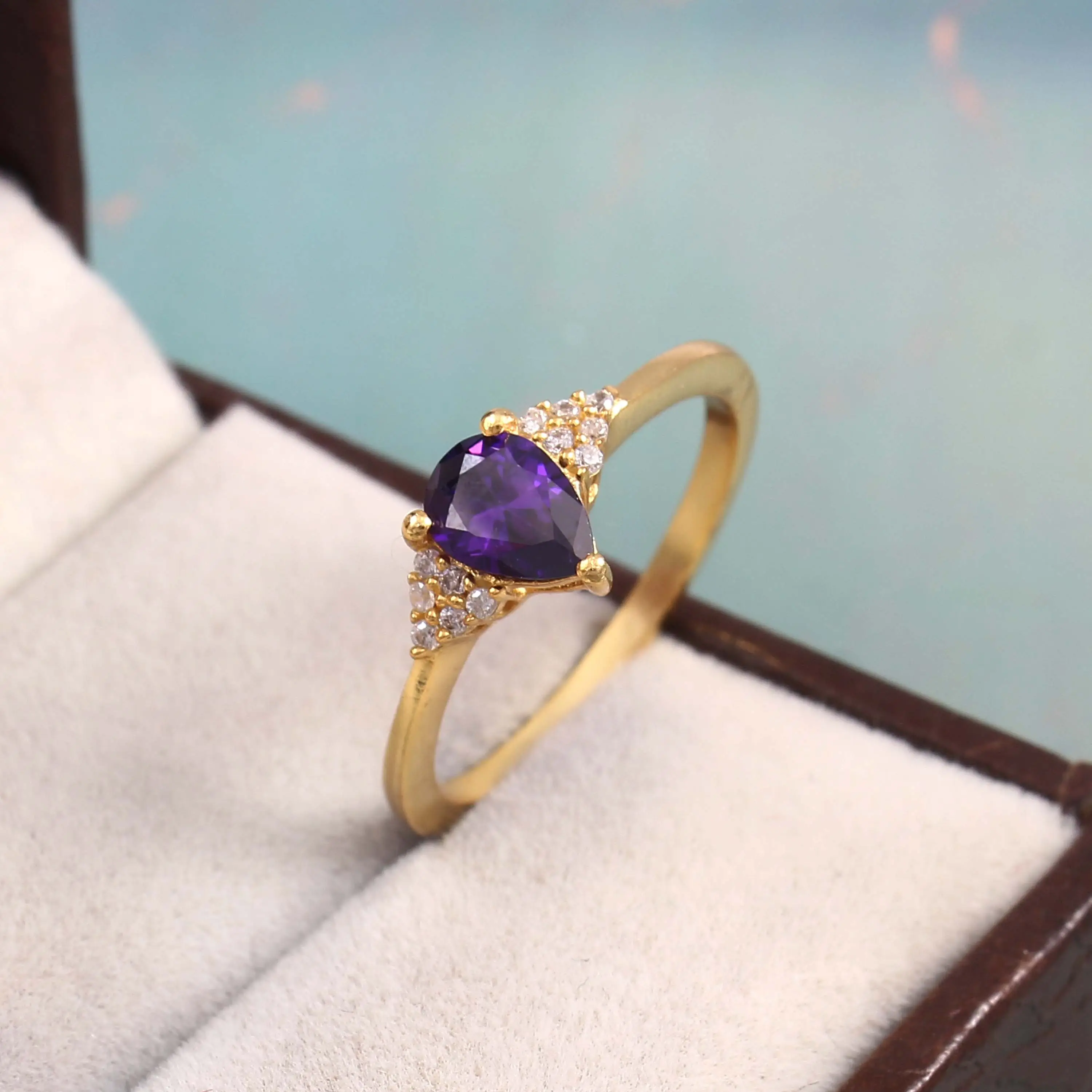 Natural Amethyst Pear Gemstone Faceted Cut 925 Sterling Silver 18k Gold Plated Rings Cubic Zircon Gems Wholesale Rings