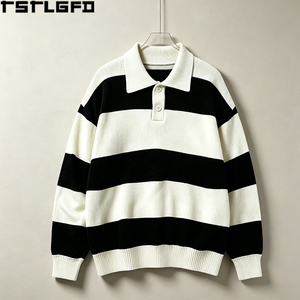 Pull Polo Rayé Personnalisé Tricoté Épais à Manches Longues Style Old Money Coupe Oversize Vente en Gros - Product Image 4