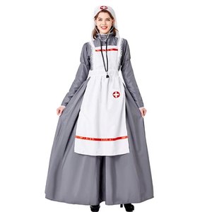 Disfraz de Enfermera Medieval, Falda Larga, Delantal, Velo, Gris, Blanco, Cruz Roja, Vestido de Cosplay para Adultos, Disfraz de Halloween - Product Image 1