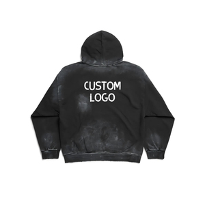 Nouveau Sweat à Capuche Homme Ample en Coton Lavé 100% avec Imprimé Tendance, Logo Personnalisé, Effet Délavé Noir & Blanc, Style Vieilli - Product Image 2