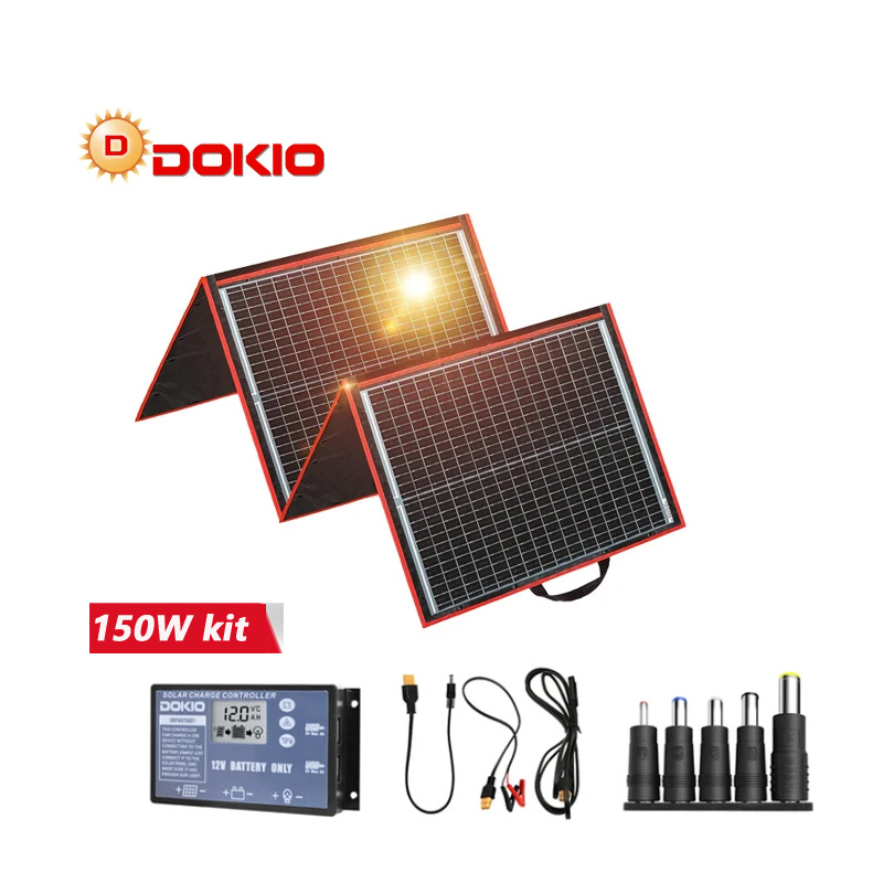 Dokio ชุดแผงโซลาร์เซลล์แบบพกพาพับเก็บได้มีความยืดหยุ่นสูง18V 150W สำหรับตั้งแคมป์กลางแจ้งรถยนต์ RV เรือเดินทางบ้าน