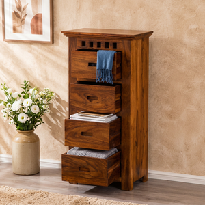 Commode haute en chêne massif de style mid-century moderne avec 4 tiroirs en acier et 3 options de finition, autoportante pour chambre à coucher, commode de luxe - Product Image 2