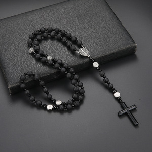Nuovo arrivo Christian Jesus nero roccia vulcanica onice croce <span class=keywords><strong>collana</strong></span> 8mm pietra grezza croce <span class=keywords><strong>rosario</strong></span> <span class=keywords><strong>collana</strong></span> per gli uomini - Product Image 3