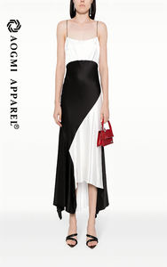 Maxi abito <span class=keywords><strong>in</strong></span> seta taffettà Patchwork bianco e nero con spalline sottili asimmetriche Haute Couture da donna - Product Image 3