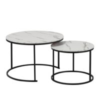 Ensemble de 2 tables basses rondes imbriquées avec plateau en faux marbre et structure en métal noir, tables d'appoint pour salon, chambre et petits espaces