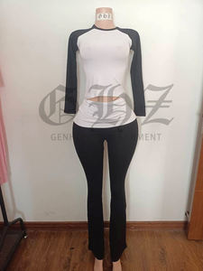 Özel giyim kadın pamuklu jarse temel bebek Tee kadınlar Y2K sıska Raglan uzun kollu T Shirt üst ve pantolon kadın iki parçalı Set - Product Image 4