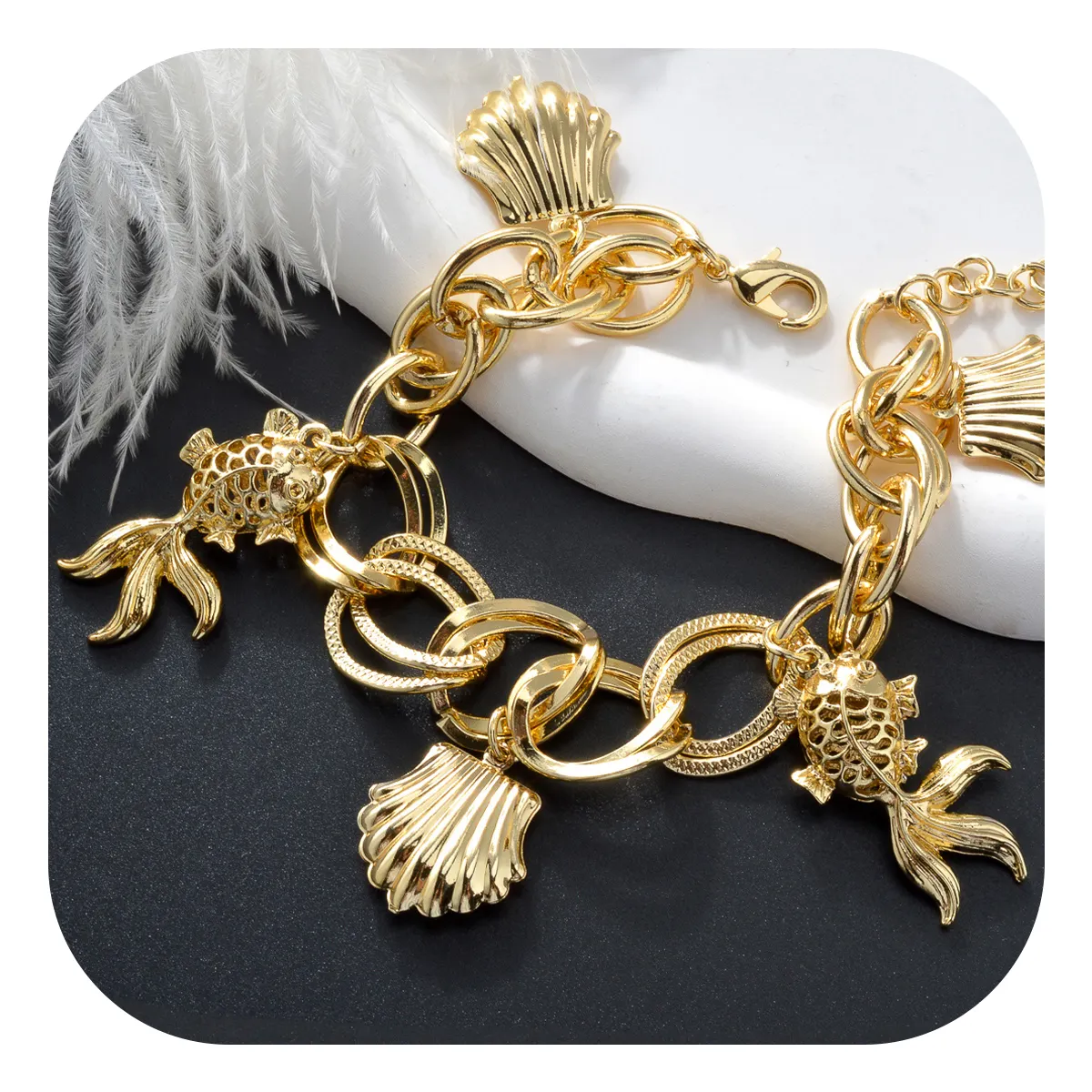 NEW Arrived wholesale Goldfish and Shell 14k Gold Plated Link Chain Charm Bracelet Women