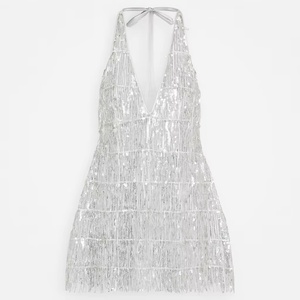 <span class=keywords><strong>Vestido</strong></span> de Fiesta Personalizado con Lentejuelas Plateadas 100% Poliéster, Escote Halter Profundo en V y Flecos - Product Image 6