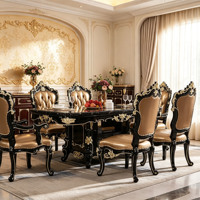 Luxuriöses Europäisches Geschnitztes Massivholz-Esszimmer-Set Schwarzer Marmor-Esstisch mit Stühlen für Villa, Zuhause, Hotel Großhandel