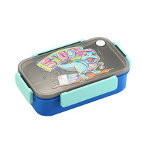 Boîte à lunch bento portable en plastique à double compartiment, anti-fuite, compatible micro-ondes, avec couvercle, motif dinosaure de dessin animé pour étudiants