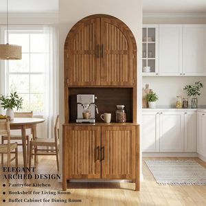 Grand meuble de rangement de cuisine arqué avec <span class=keywords><strong>portes</strong></span> en verre cannelé, support pour micro-ondes, étagères réglables, éco-responsable et durable - Product Image 2